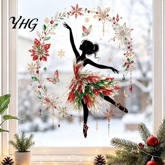 Bathroom Glass Stickers Christmas Ballet Girl Static Window Clings, Removable Xmas Decals, Winter Indoor Outdoor Art Ballerina Elf for Home Classroom