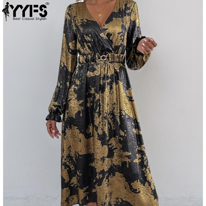 YYFS Женская мода весна осень цветные блоки принт длинный рукав V-образный вырез высокая талия повседневные платья