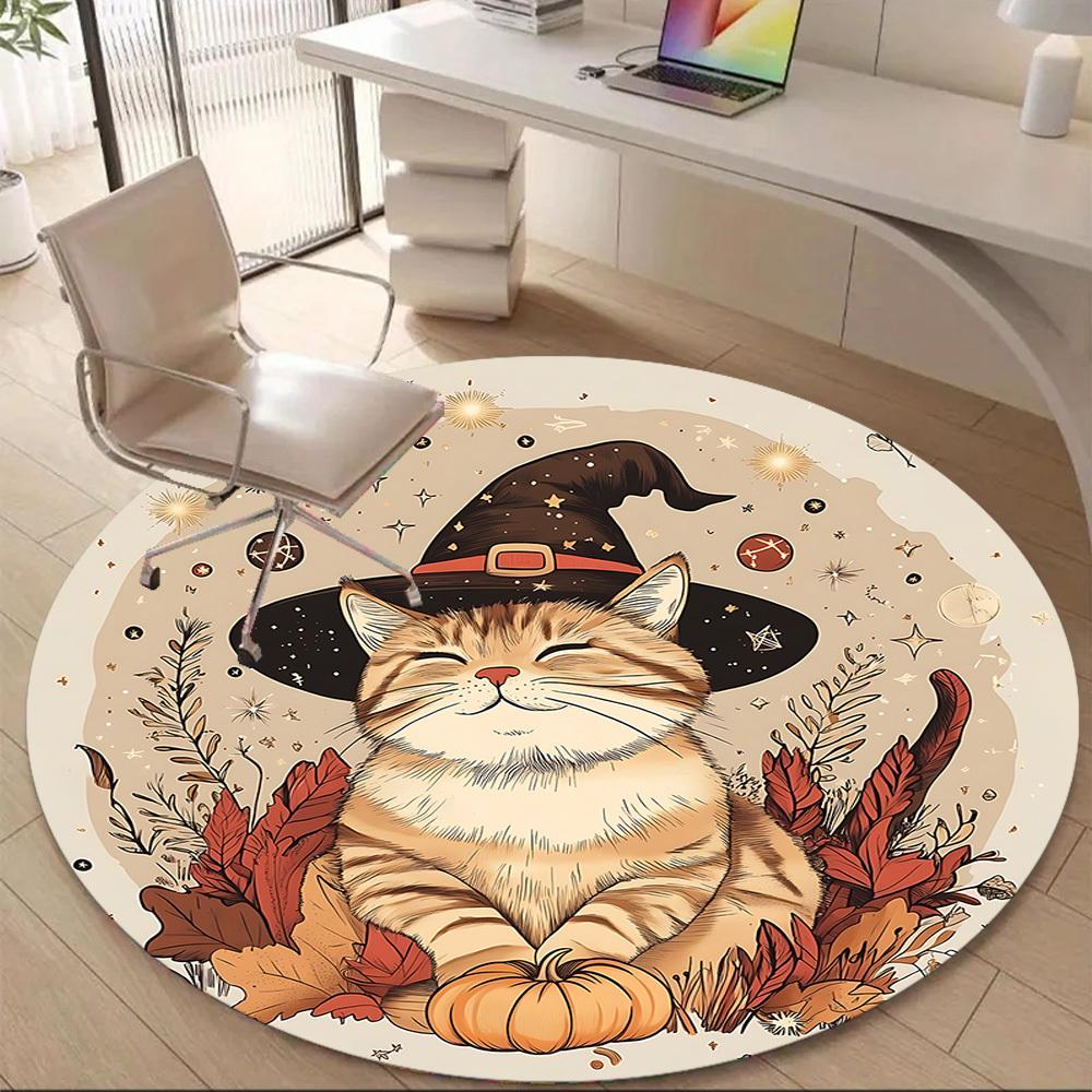 1PC Witch Cat Office Round Area Rug, Indoor Mat Suitable ForOffice, Under Office Chairs Bedroom Living Room Home Decor, Room Deco f083