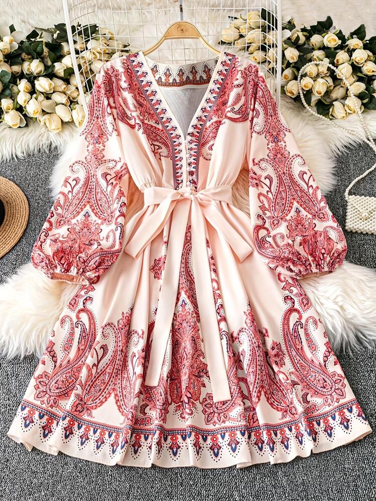 Весеннее французское ретро-платье с принтом, V-образным вырезом, рукавами-фонариками, затягивающейся на талии завязкой