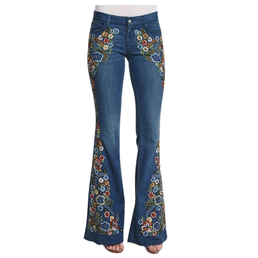 Women Embroidery Destoryed Flare Jeans Button Waist Bell Bottom Denim Pants