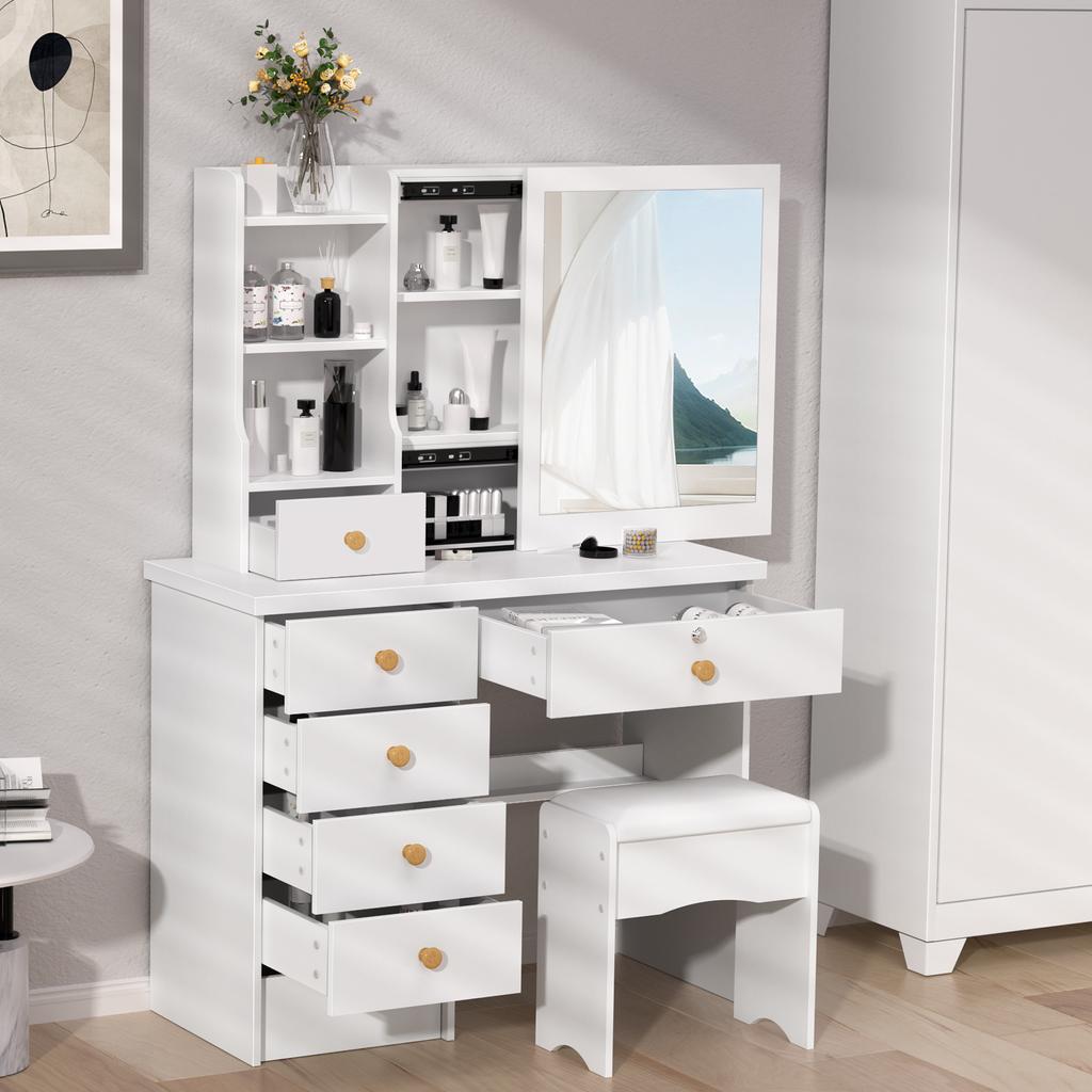 Vanity White Dressing Table with Sliding Mirror & Stool 4 Drawers Home High-end Bedroom Dressing Cabinet Integrated Small Apart