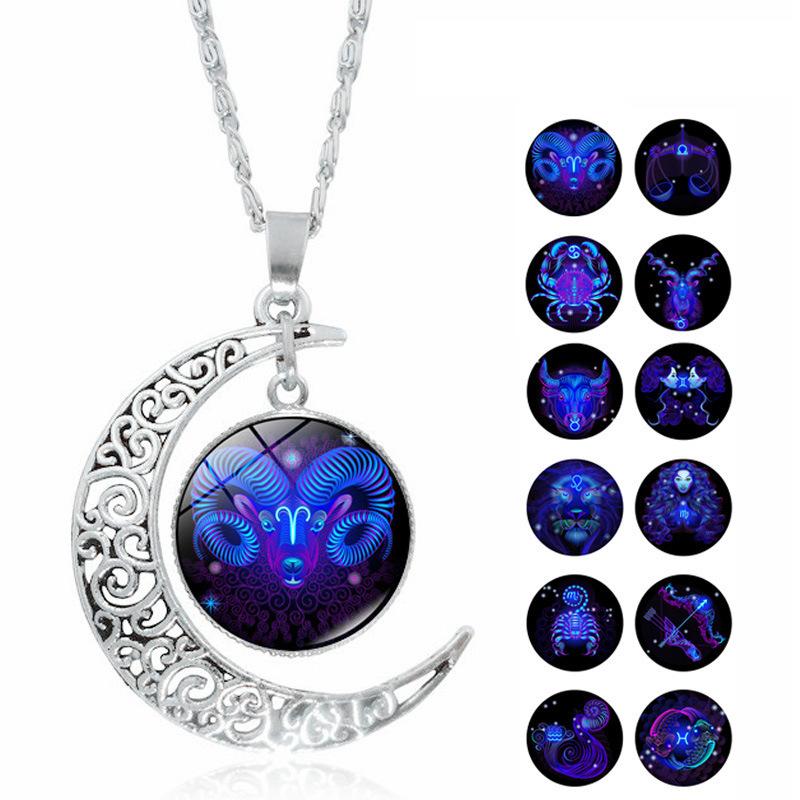 Luminous 12 Constellations Zodiac Signs Necklaces Crescent Moon Pendant Chains Necklace for Women and Men Birthday Jewelry Gifts