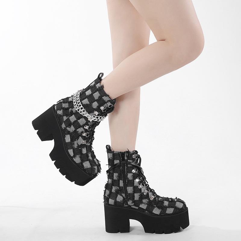European and American new plaid women's shoes chain super high heel thick sole waterproof table women's shoes thick high heel short boots