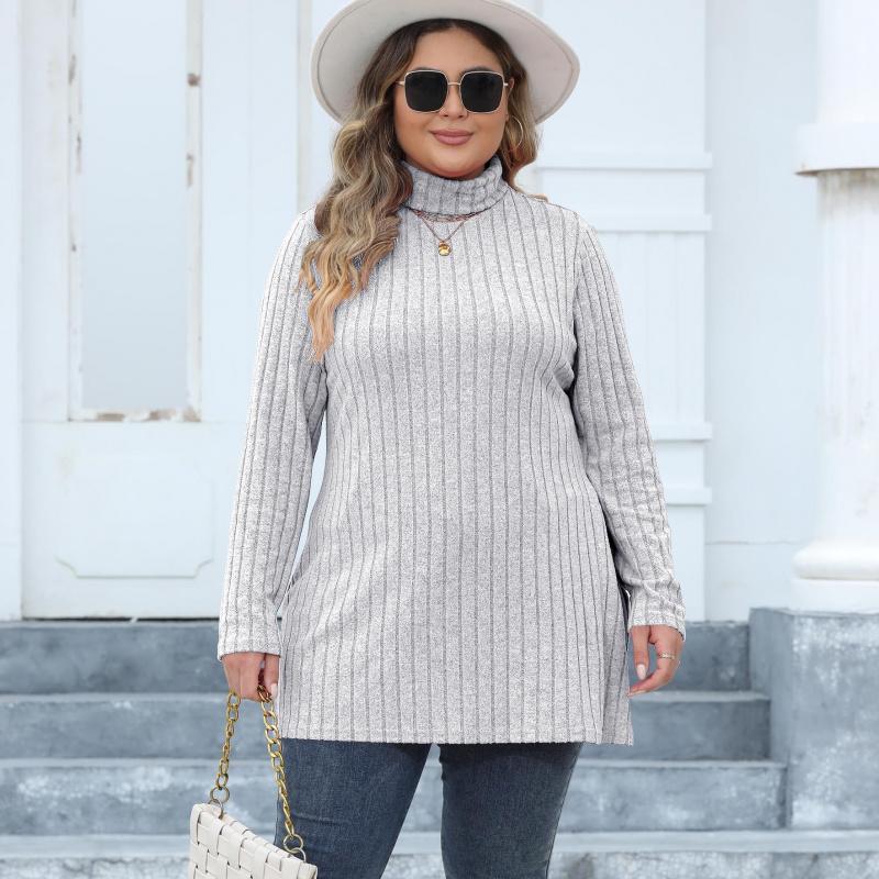 Женская базовая футболка большого размера с высоким воротом, облегающего кроя, в рубчик, полосатая, с разрезом, средней длины