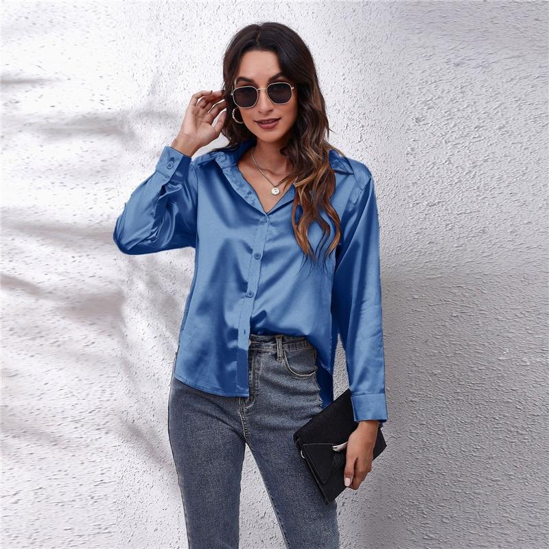 Women's Satin Blouse Long Sleeve V Neck Casual Button Down Shirt