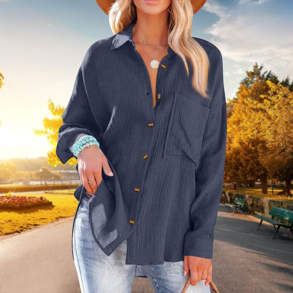 Women's Fashion Solid Color Loose Casual Single-Breasted Long Sleeve Shirt
