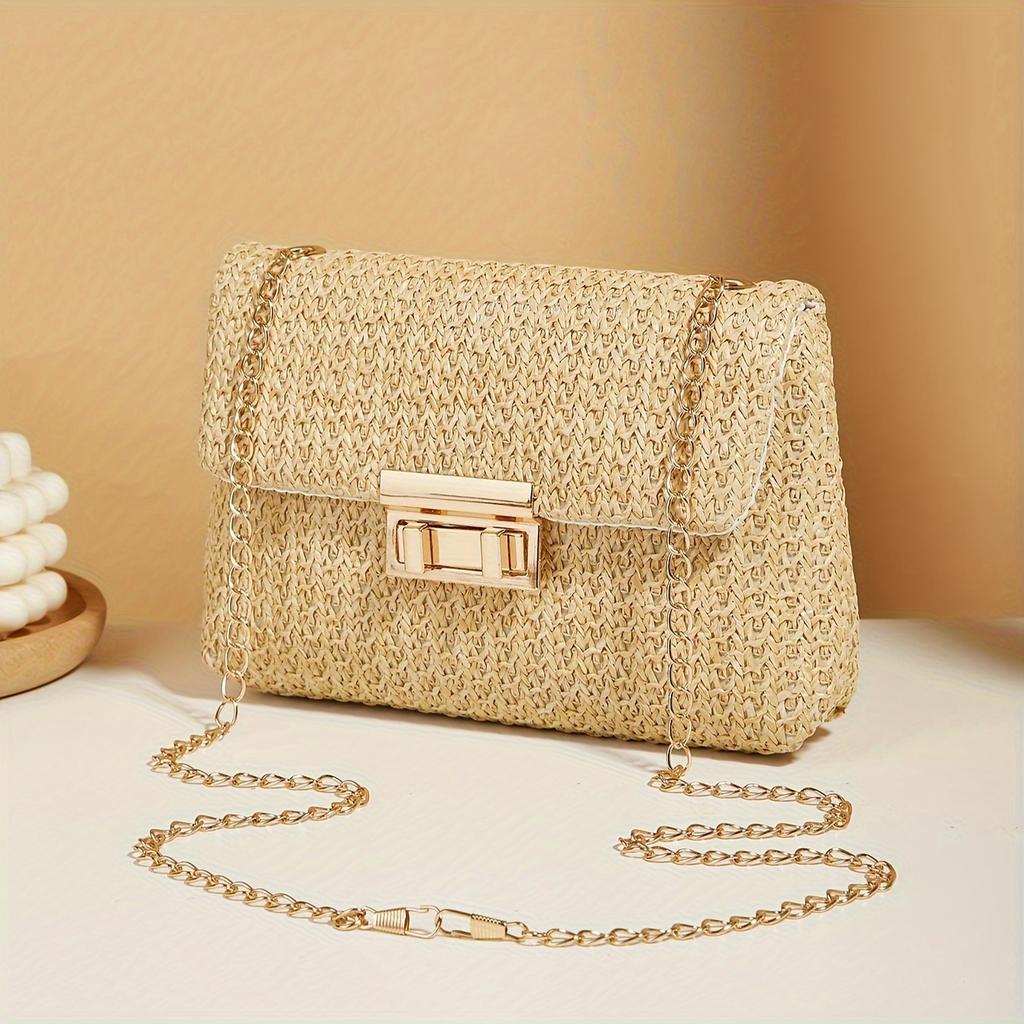 Casual Woven Handbag, Simple Solid Color, High-Quality Daily Fashion, Shoulder & Crossbody Bag with Chain Strap