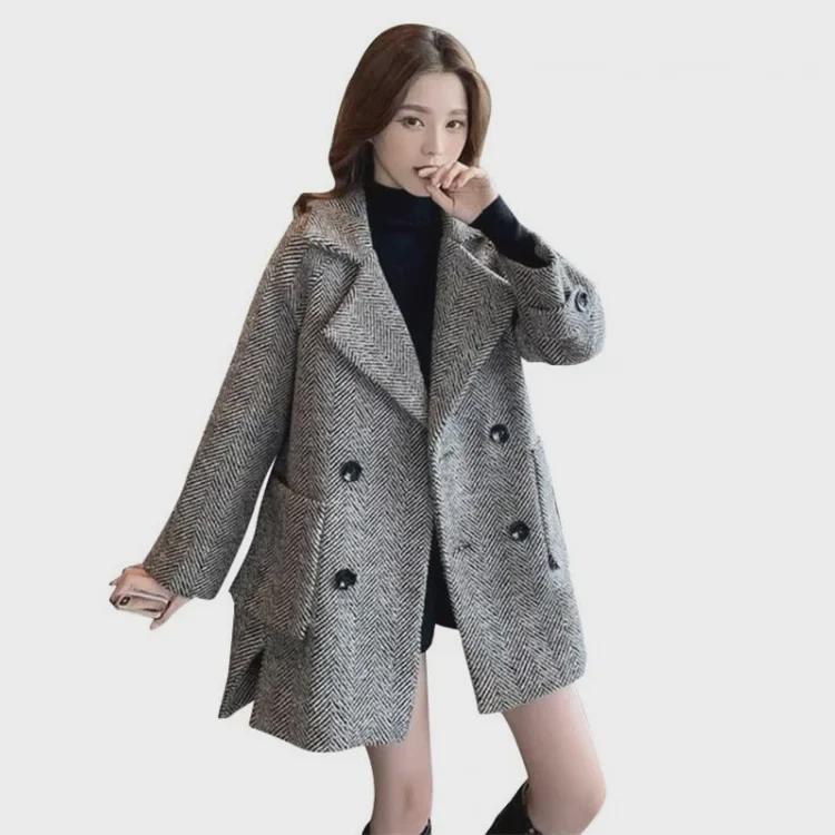 Женское двубортное стеганое шерстяное пальто в британском стиле