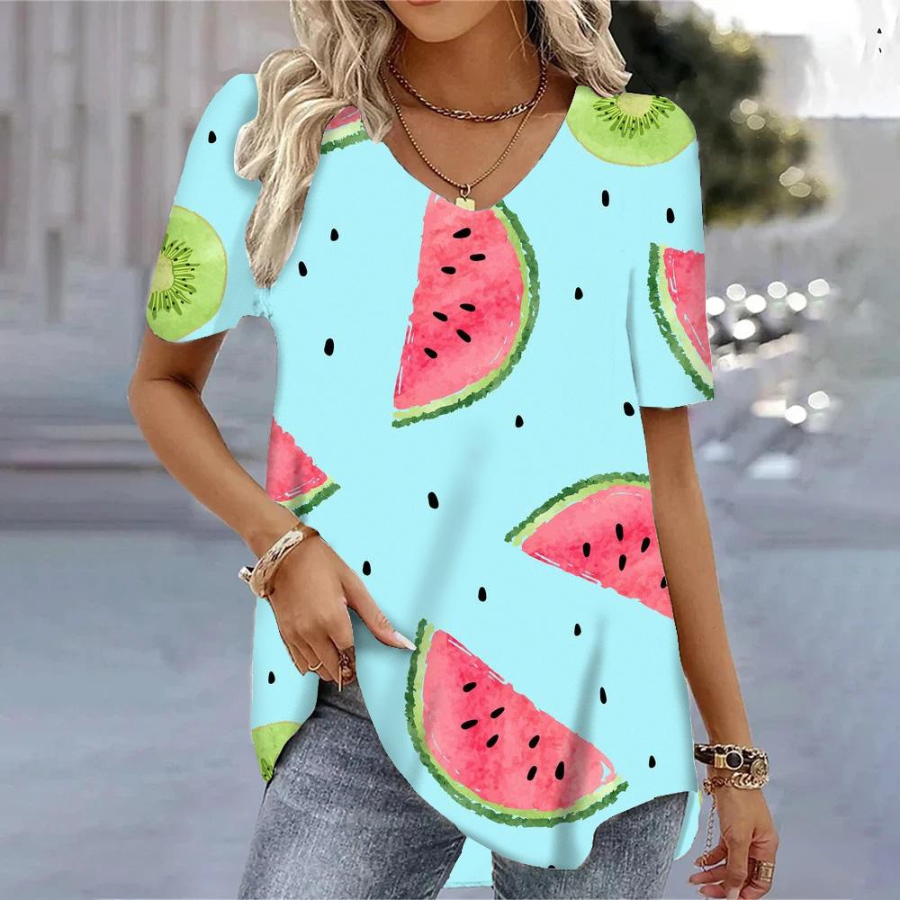 Женская футболка свободного покроя с V-образным вырезом, футболки Kawaii, женские топы с коротким рукавом, повседневные футболки с коротким рукавом, летние пуловеры, блузки