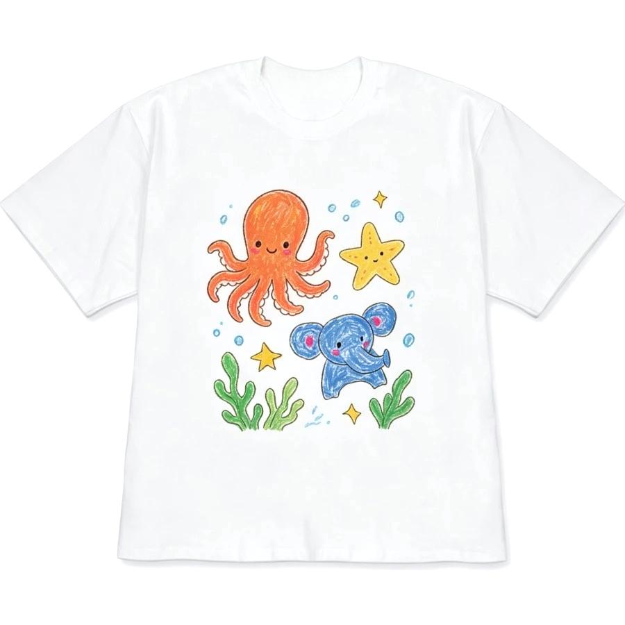 Cute Ocean Animals T-Shirt Casual Short-sleeved Top Casual Versatile Whimsical Graphic Women's Clothes with Many Korean Reviews