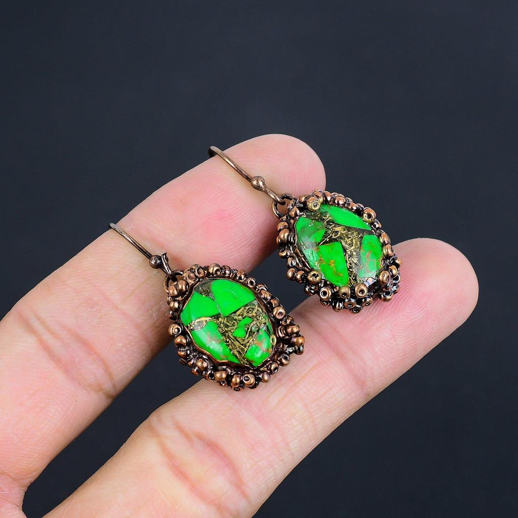 Green Copper Turquoise Earrings, Copper Electroformed Gemstone Jewelry, Handmade Earrings Amazing Jewelry, Gift For Her