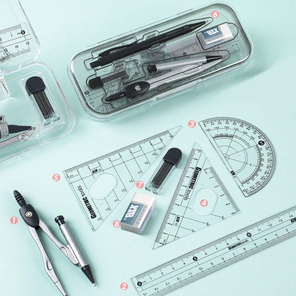 8Pcs/Set Measuring Ruler Pencil Compass Kit Multi-Function Drawing Stationery Students