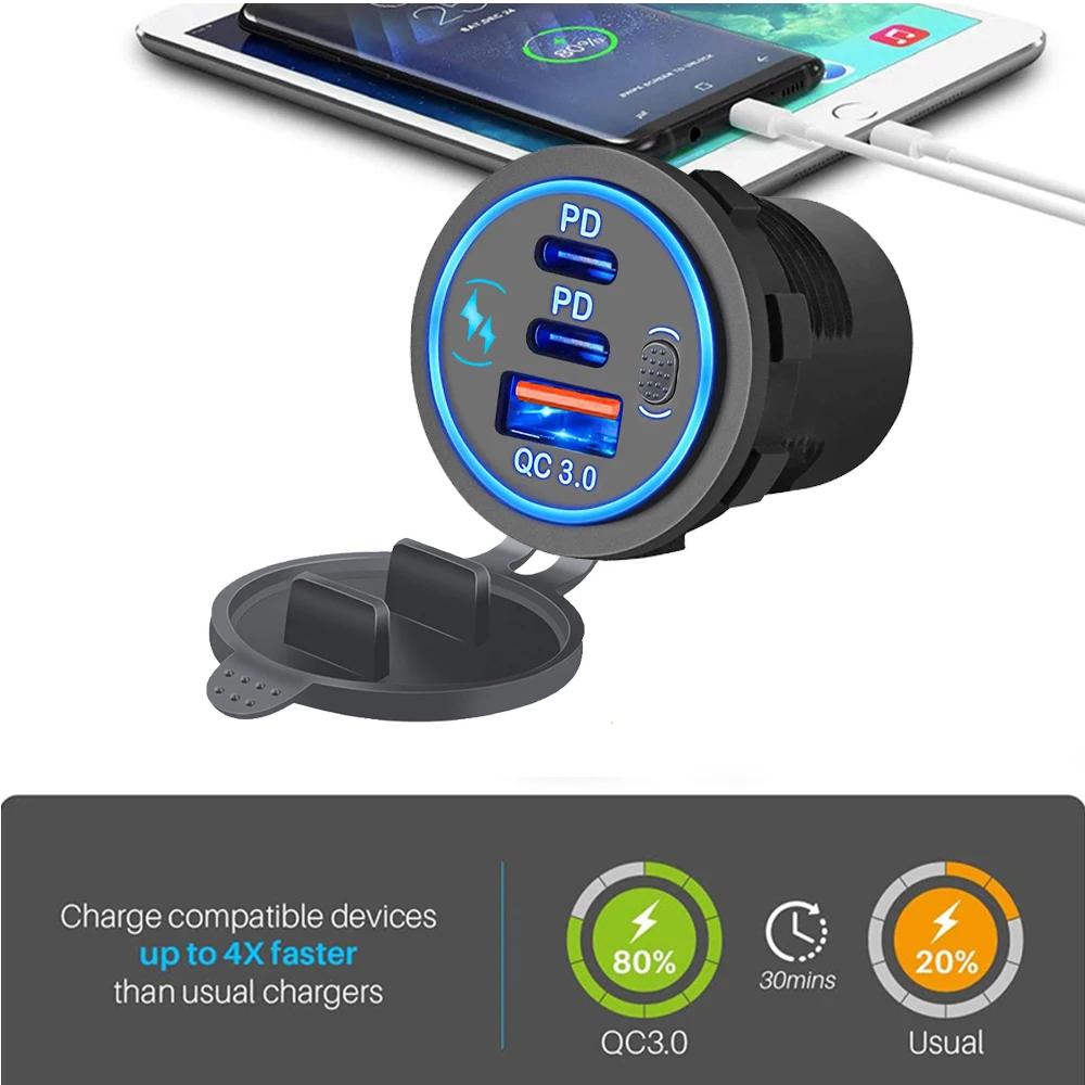 3 порта быстрой зарядки Dual PD & QC 3.0 Aperture 12-24V автомобиль мотоцикл зарядное устройство розетка для мотоцикла лодка морской грузовик квадроцикл