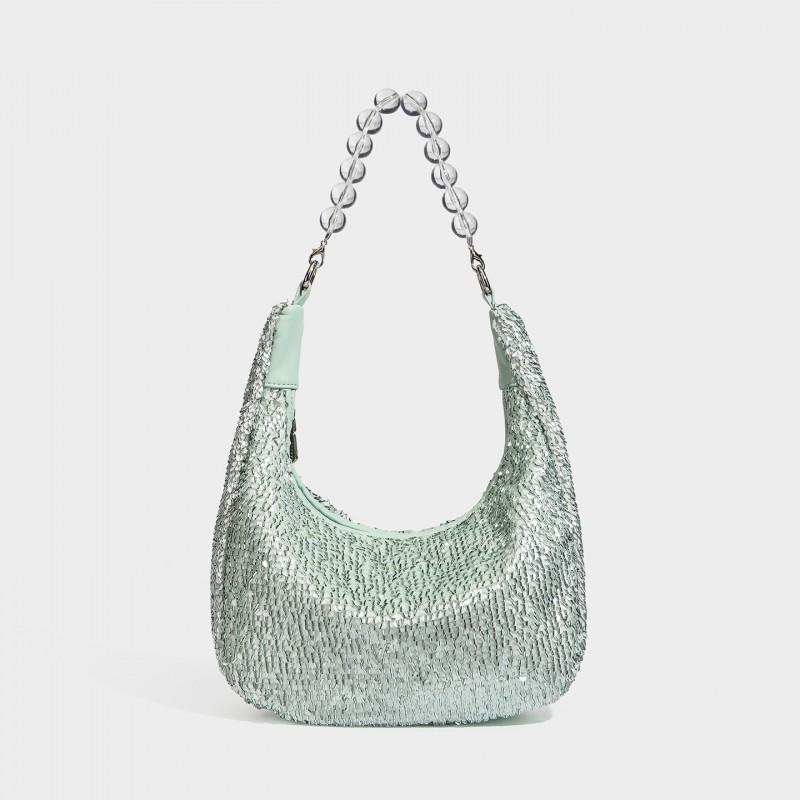 Handmade Beaded Chain Strap Shoulder Bag Women Water Bucket Style Zip Pearl Decor Versatile Everyday Evening Use