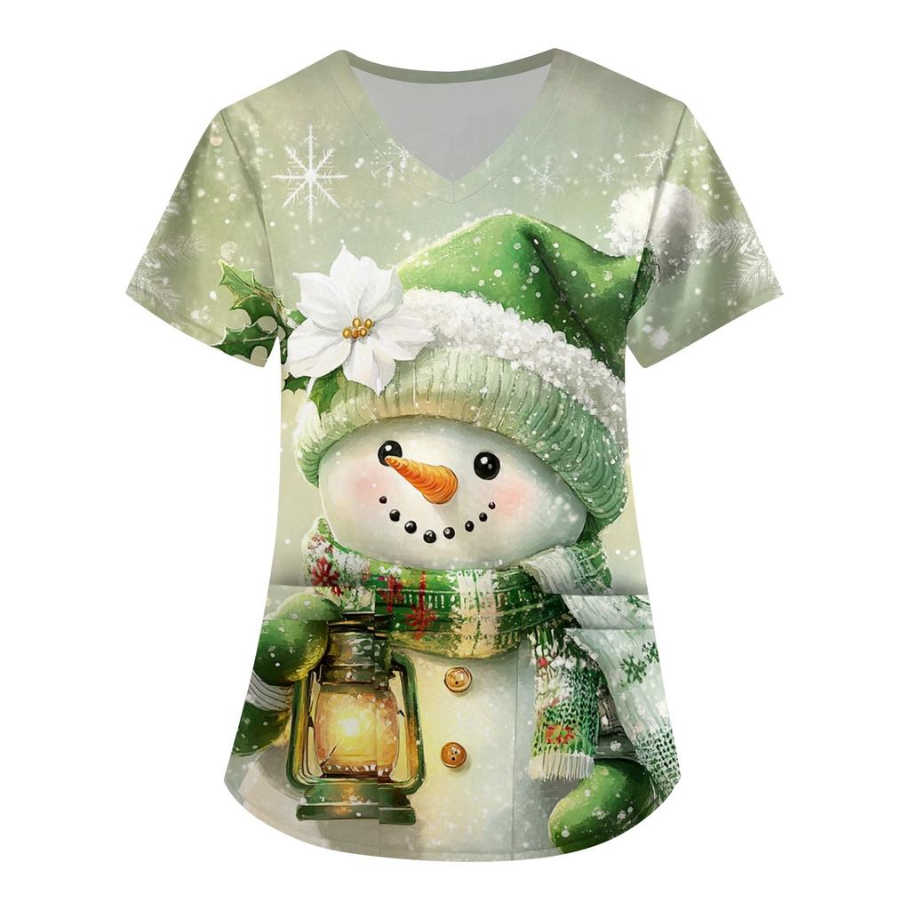 Женская симпатичная рабочая одежда с принтом, V-образным вырезом, двухслойными карманами, базовым коротким рукавом, пуловером на Рождество