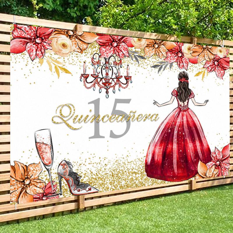 15th Birthday Party Backdrop Custom Decor Floral Crown Pink Rose Quinceañera Princess Flower Butterfly Sweet Girl Dress Photo