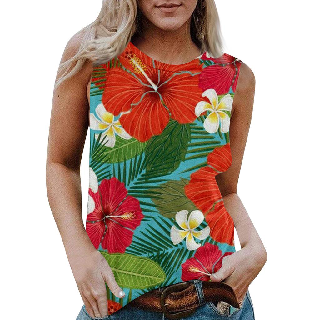 Женская повседневная футболка без рукавов с круглым вырезом и гавайским принтом