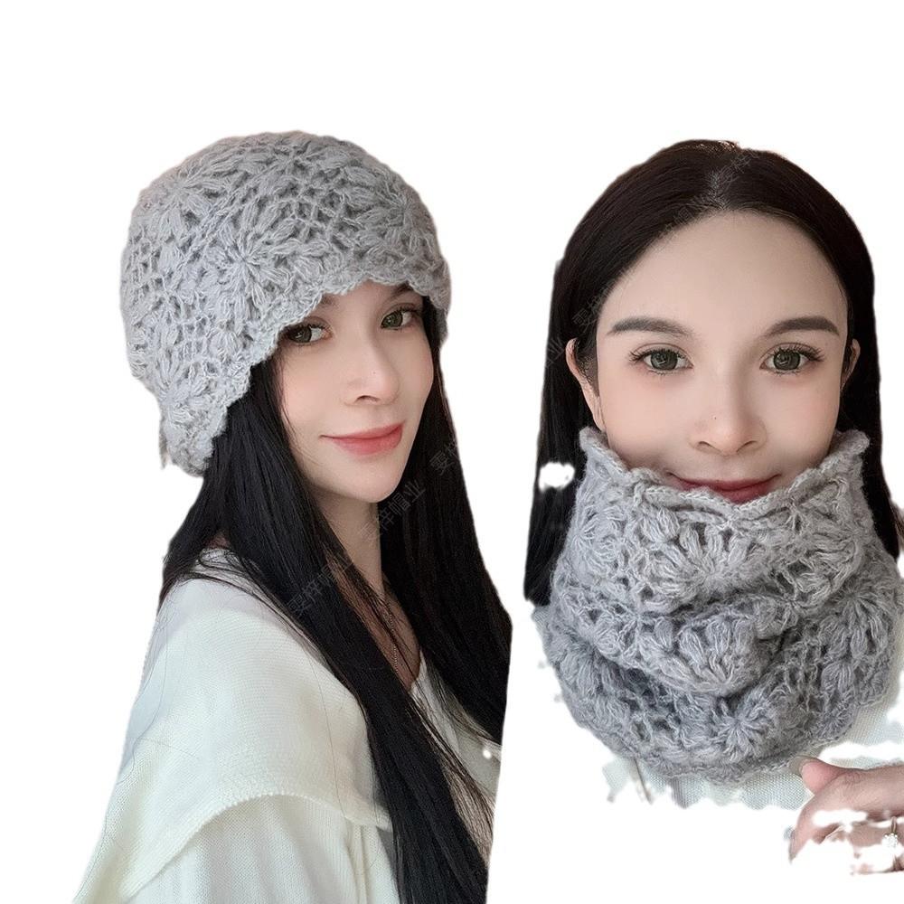 Autumn and winter big head circumference knitted wool hat star warm pile cold hat one hat dual-purpose hollow scarf