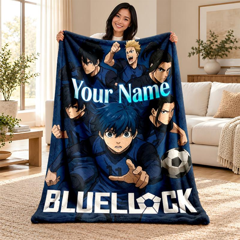 Blue Lock Custom Name Fleece Blanket Personalized Soft Cozy Throw Blanket Customized Gift for Birthday Christmas