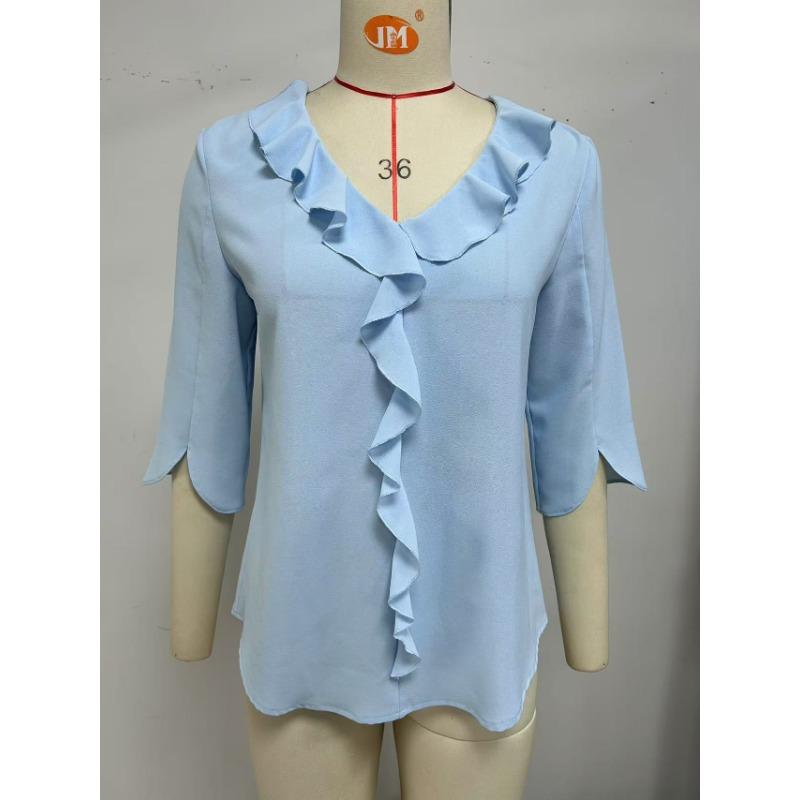 Шифоновые блузки со средним рукавом и V-образным вырезом, плиссированные, с оборками, свободного кроя, женские топы