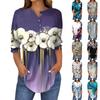 Женская свободная футболка с воротником на пуговицах и винтажным цветочным принтом, рукав три четверти