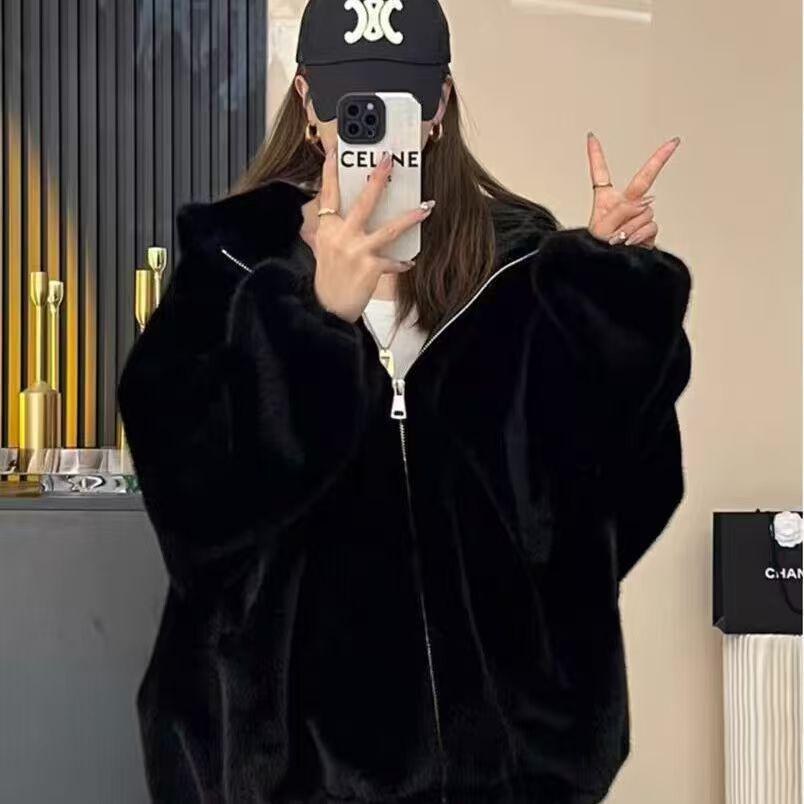 Женская меховая куртка-свитер с капюшоном, корейский стиль, осень/зима 2024, свободный крой, утолщенный бархатом