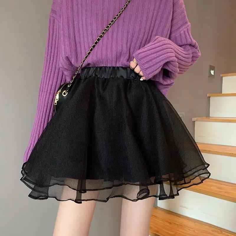 WTEMPO Весенне-летние корейские эластичные мини-юбки-пачки с высокой талией, женские однотонные повседневные сетчатые лоскутные короткие юбки трапециевидной формы