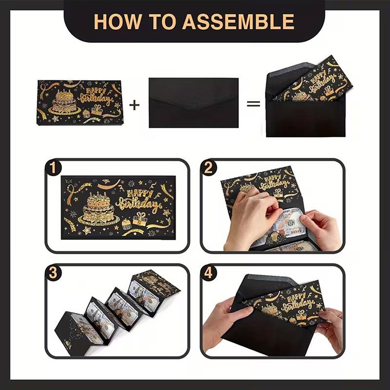 Black And Gold-Edged Birthday Gift Envelope With 6 Cash Slots And A Self-Sealing Design, Suitable For Both Cash And Cards