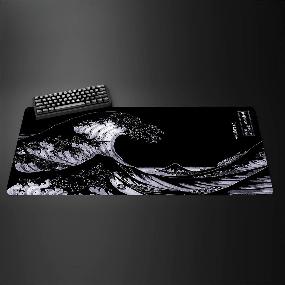 Alfombrilla De RatN Xxl De 90x45cm DiseO De Olas Gigantes En Blanco Y Negro Antideslizante De Cuero Para Juegos Anime Es