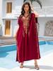 Sexy V-neck Gold Embroidery Long Beach Dress Women's Red Vintage Kaftan Loose Beachwear Vacation Swimsuit Bikini Cover-ups Q1702