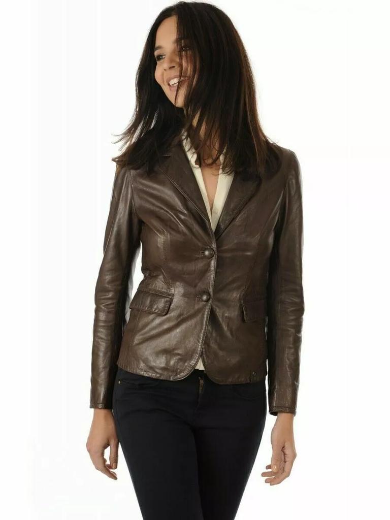 New Lambskin Formal Handmade Designer Party Brown Stylish Leather Blazer Women