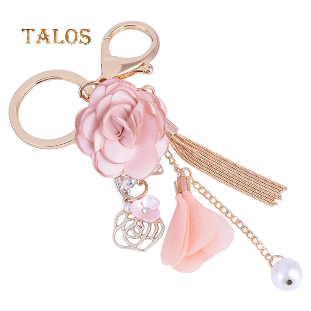Fabric Flower Long Tassel Keychain Key Chain Keyring Women Handbag Hanging Decor Suspension Trinket