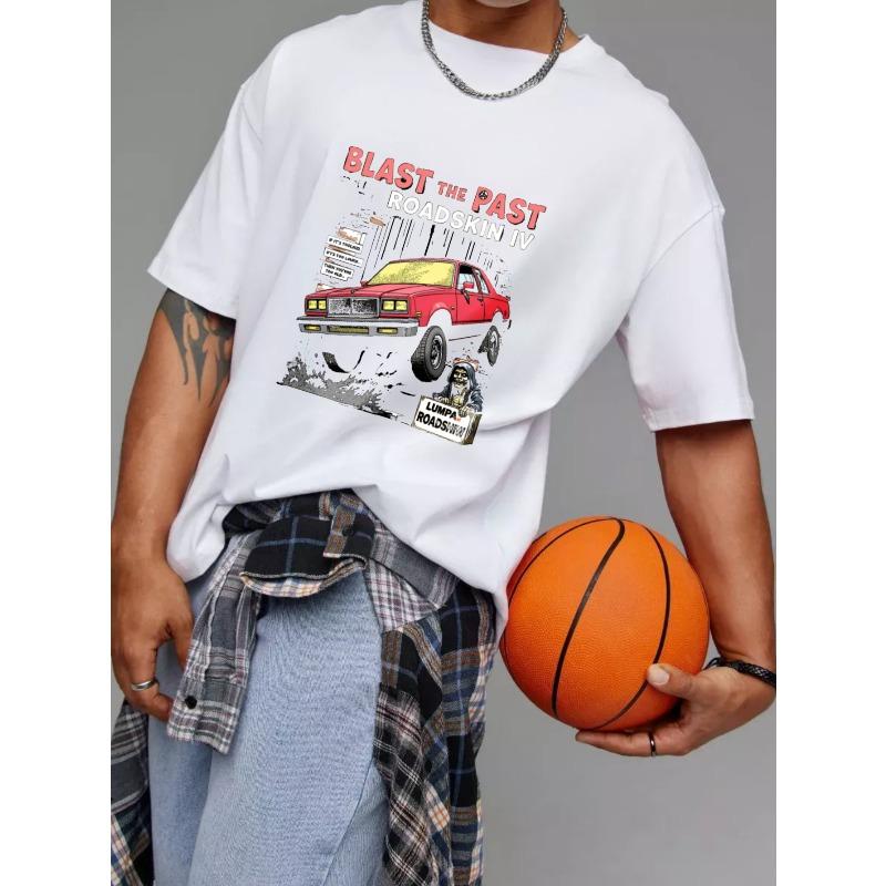 Футболка Blast The Past Roadskin Iv Белая с графикой автомобиля и текстовым дизайном для повседневной носки