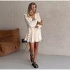 Elegant Ruffles Mini Dress Women V Neck Hollow Out Lace Up Long Sleeves Lace Dresses  Solid Color High Waist Dress