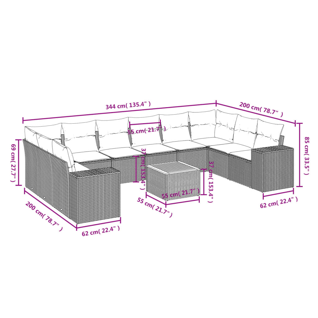 11 piece Garden Sofa Set with Cushions Black Poly Rattan