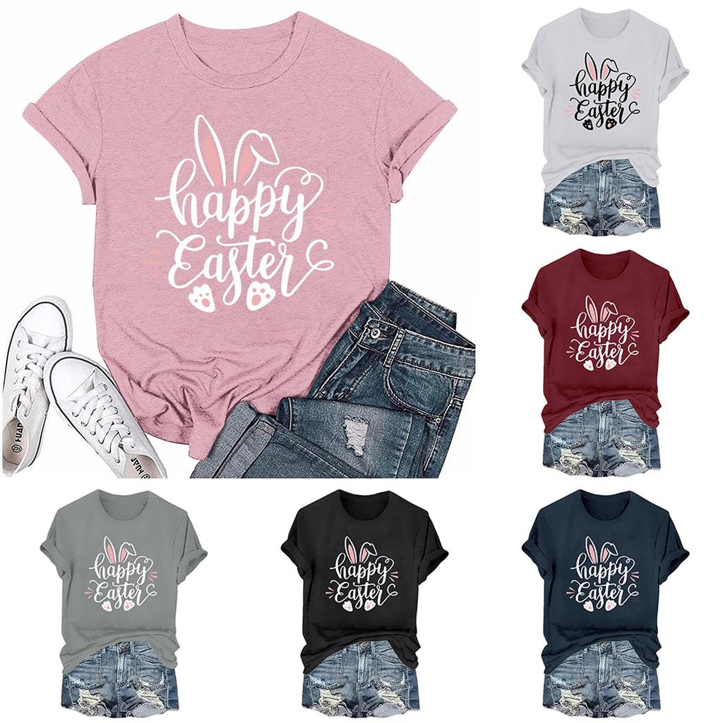 Женская модная пасхальная принтованная повседневная плиссированная круглая футболка с коротким рукавом