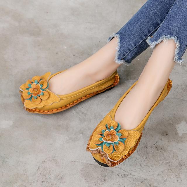 Women Loafers Genuine Split Leather Flat Heels Flower Round Toe Soft Solid Sandals Platform Ladies Shoes