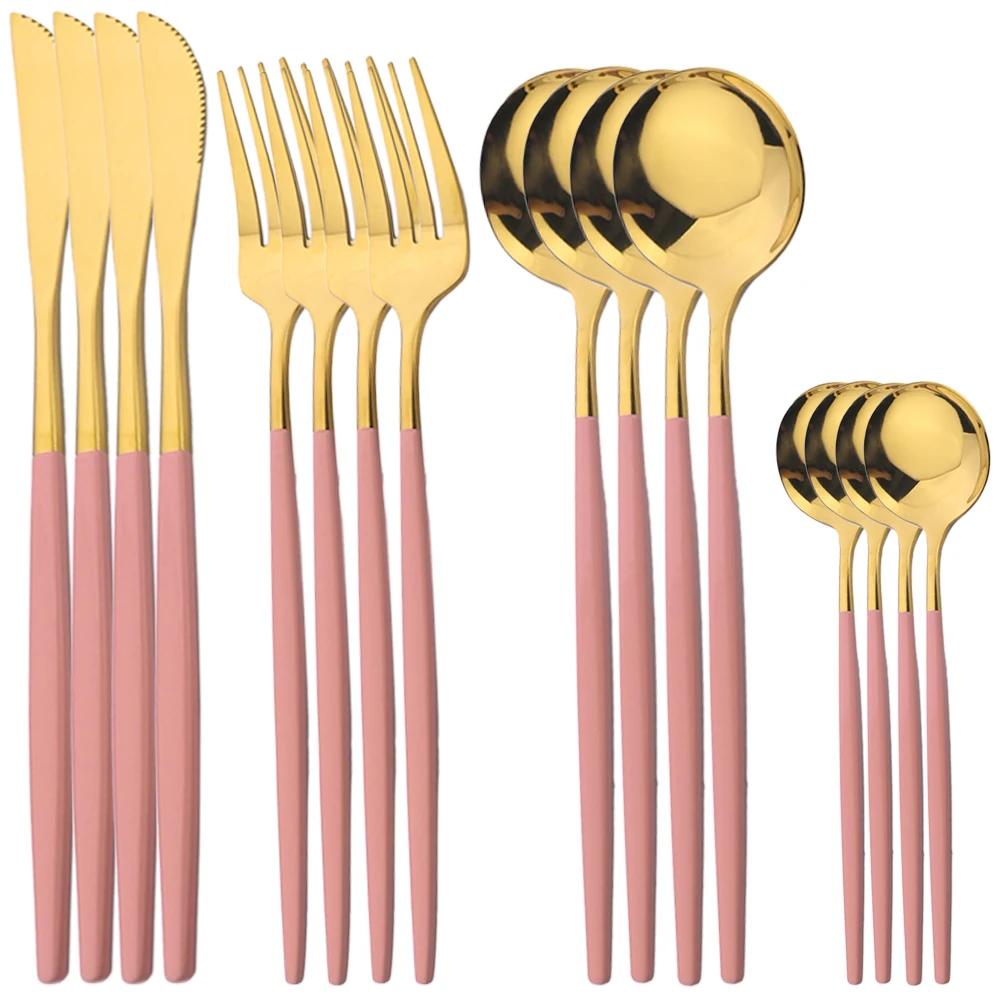 16Pcs Cutlery Luxury Golden Flatware Set, Stainless Steel Kitchen Dinner Spoons,Dinner Spoon Forks, Dinner Knives Silverware