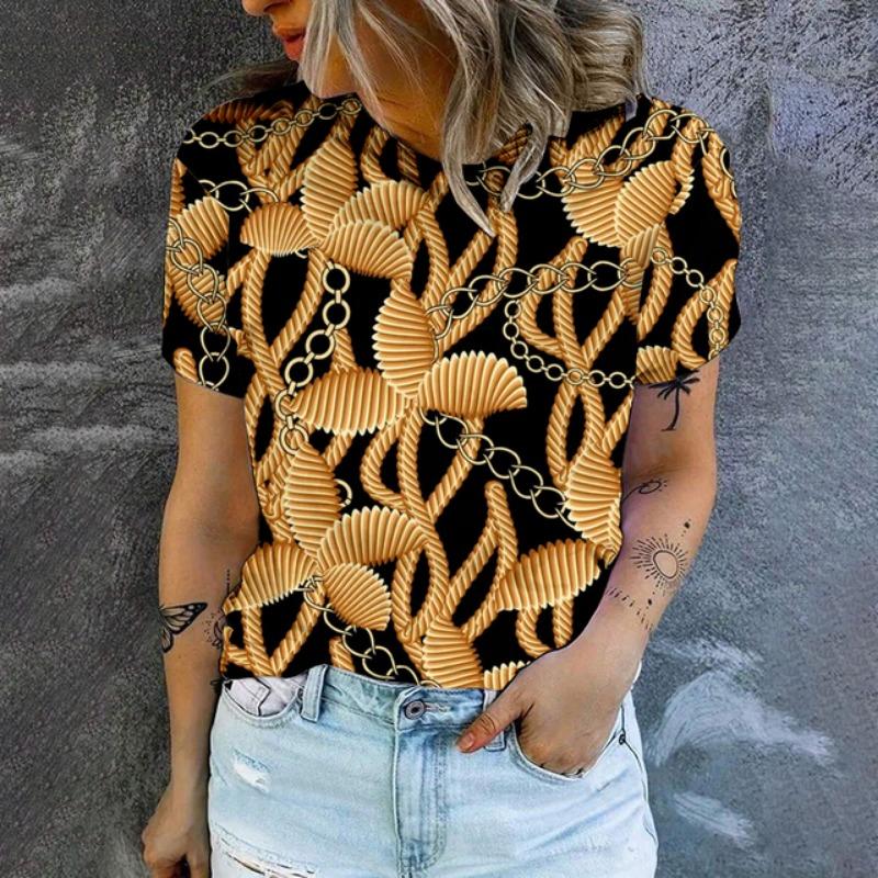 Женская футболка с принтом в стиле ретро с золотым ожерельем Футболка с модной популярной одеждой Футболка большого размера Летняя женская футболка с круглым вырезом