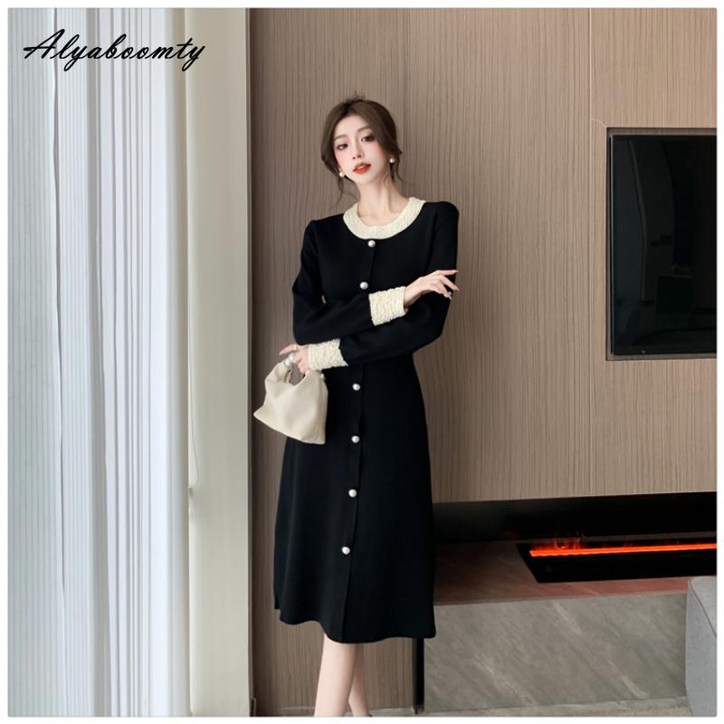 Осенне-зимнее женское черное платье-свитер с круглым вырезом, великолепное вязаное платье с бисером, роскошное праздничное трикотажное платье с нежным жемчугом