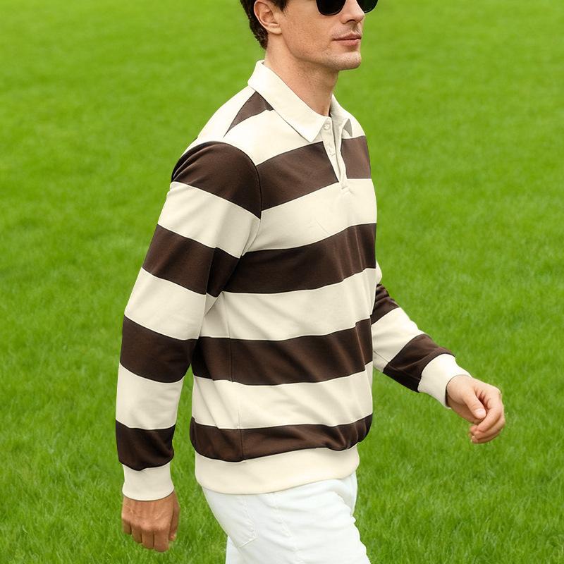 Новая мужская рубашка поло с длинным рукавом: Свободный крой, Легкая, Повседневная футболка в полоску в зрелом стиле