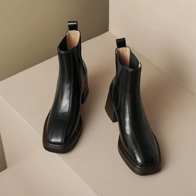 Модные осенне-зимние ретро короткие женские ботинки 2024 года из натуральной кожи с толстым каблуком и квадратным носком, женские туфли на высоком каблуке