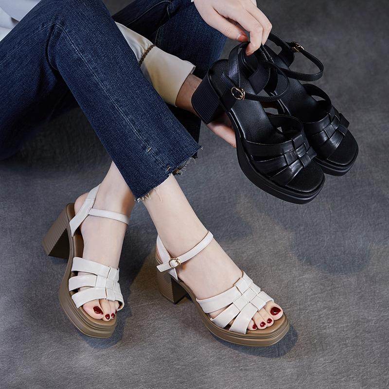 Fashion Top Layer Cowhide Roman Sandals For Women, New High Heels And Height Increasing Sandals For Spring And Summer 2025