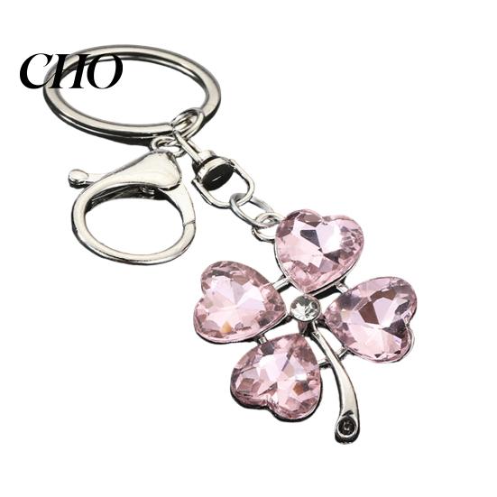 Blue Rhinestone Keychain Pendant Sparkling Rhinestones Four-Leaf Clover Design Key Chain with Lobster Clasp Easy to Hang Holder Backpack Car Accessory