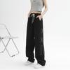 Women's Straight Work Pants Pockets Solid Color Cross Tie Elastic High Waist Casual Pant