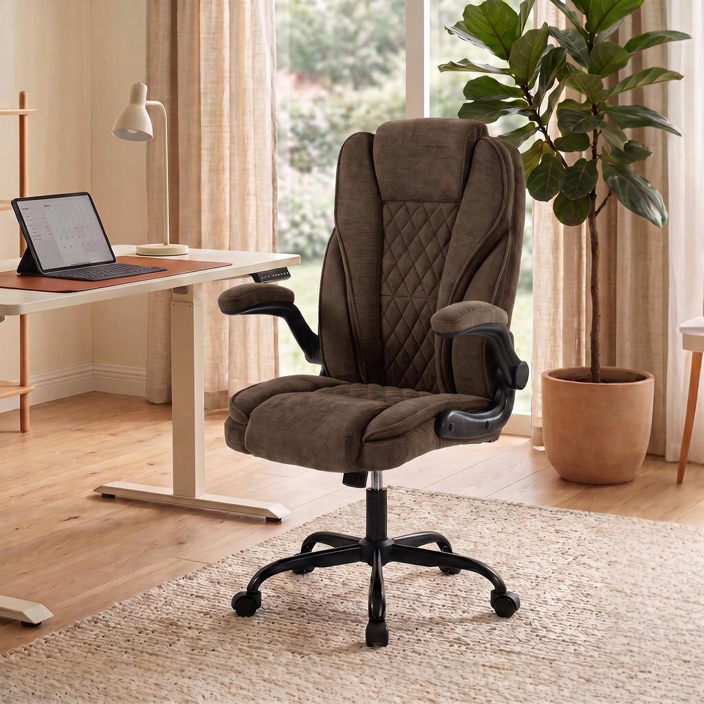 Office Chair Ergonomic Desk Chair With Flip Up Armrest Pocket Springs Swivel Wheels Adjustable Height Brown