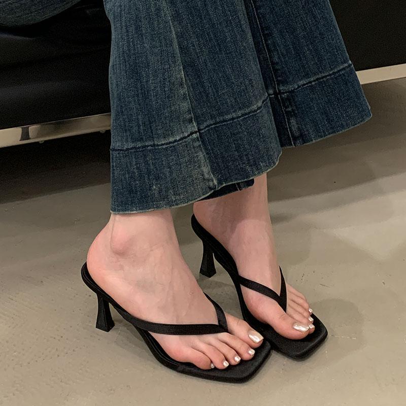 Мода Мода Квадратный Носок Женские Туфли на Высоком Каблуке Сандалии Шлепанцы Обувь Пляжные Женские Слайды Дамские Сандалии на Каблуке Шлепанцы Вьетнамки Обувь