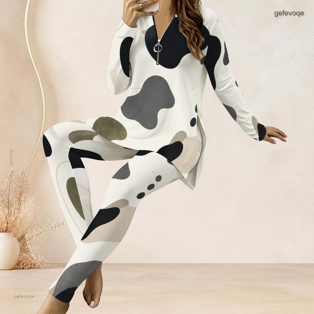 Women Plus Size Blue Printed Front Zip Long Sleeve Longline Top Fitted Pants Two Piece Set