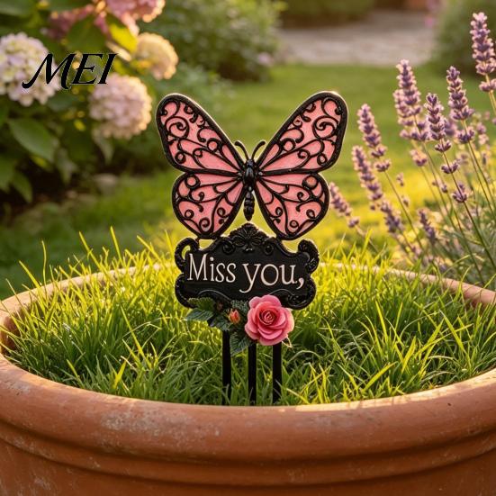 Outdoor Sympathy Gift Butterfly Memorial Garden Stake, Miss You Sign, Pink Acrylic Rose Decor Yard Art Stake for Lawn Courtyard Cemetery Decoration